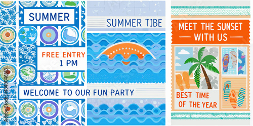 Summer party invitation with sunset palm trees and ocean waves