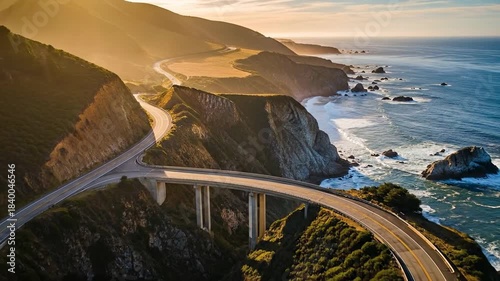 Stunning Aerial View of a Coastal Highway Bridge and Ocean Scenery.