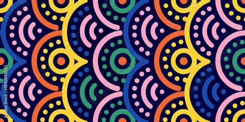 Vibrant geometric pattern with circles and arcs on dark blue background