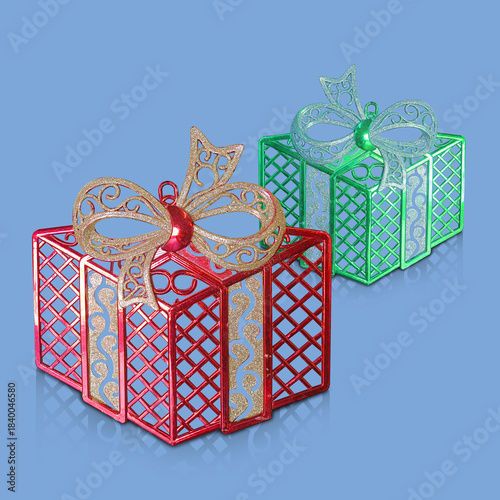 two red and green plastic gift box is placed on a blue background, fashion, gift, decor, decoration, object, ancient, antique, copy space