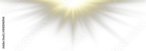 Realistic sun rays shine through clouds creating a warm golden glow. Light beams spread in all directions. Perfect for sunny backgrounds. PNG