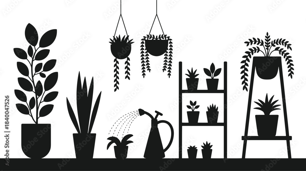 Naklejka premium Black silhouette of various potted plants on shelves and hanging with a watering can shelf