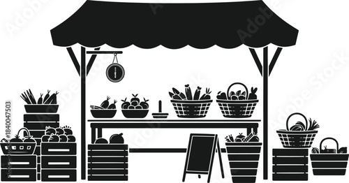 Black and white illustration of a fruit and vegetable stand with produce in baskets and crates market