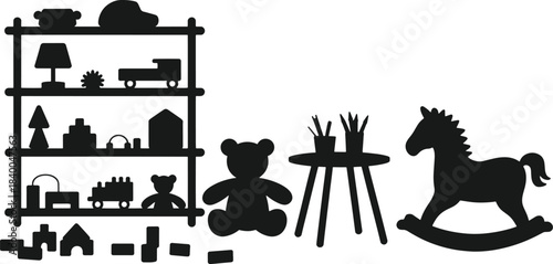 Black silhouette of a toy shelf with various toys including a teddy bear rocking horse and building blocks