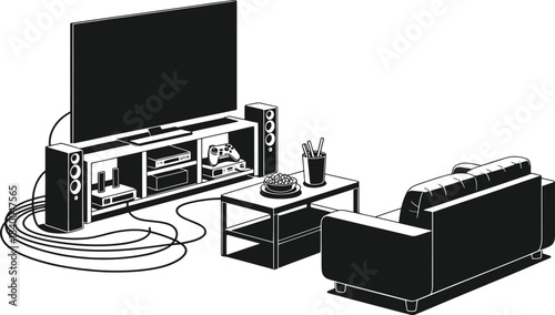 Black and white illustration of a home entertainment setup with a television and gaming console entertainment center