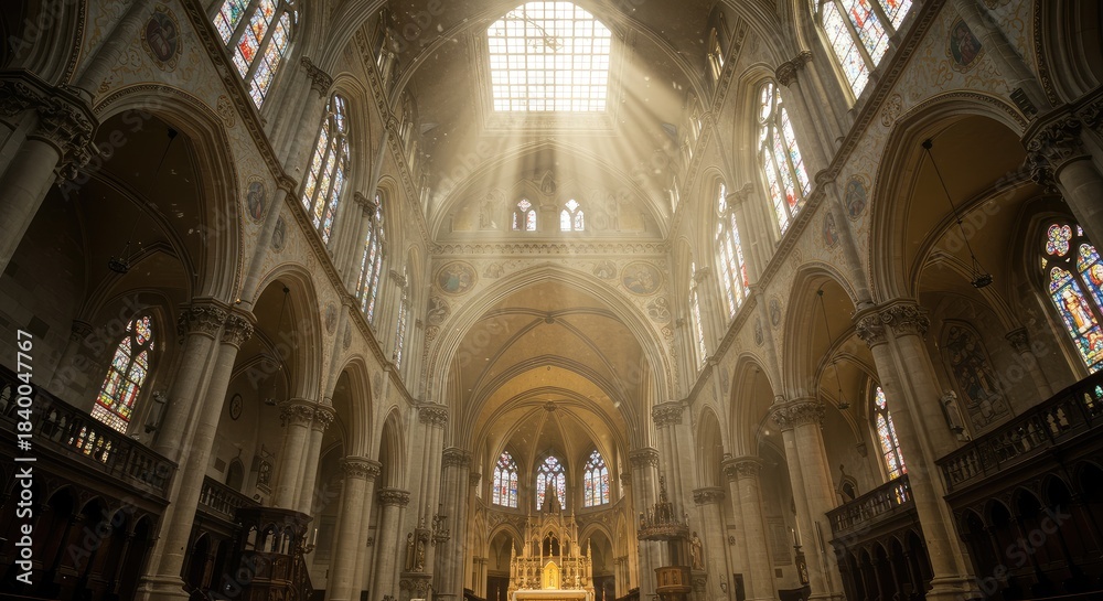 Fototapeta premium Sunlight streams through stained glass windows in a grand cathedral interior. Vast arches and columns rise to a high ceiling