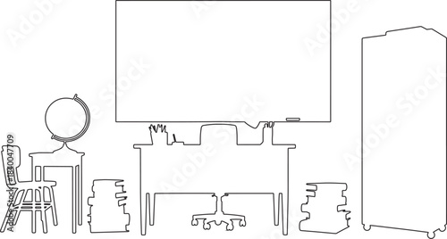 Outline illustration of a classroom or office setup with desk globe chair whiteboard and cabinet vector