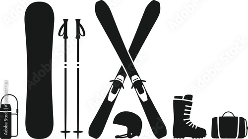 Black silhouette collection of winter sports equipment including snowboard skis poles helmet boot and duffel bag
