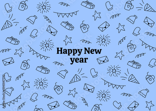 A seamless new year and winter pattern illustrated in simple black-and-blue doodle line art. For new year background, banner, cover, social media