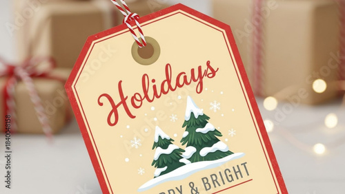Holiday Cheer: A festive gift tag adorned with holiday motifs, such as stylized snow-covered trees, stands prominently in front of wrapped presents.