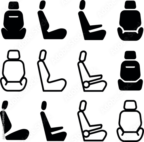 Various automotive seat designs shown in silhouette and outline for comparison.
