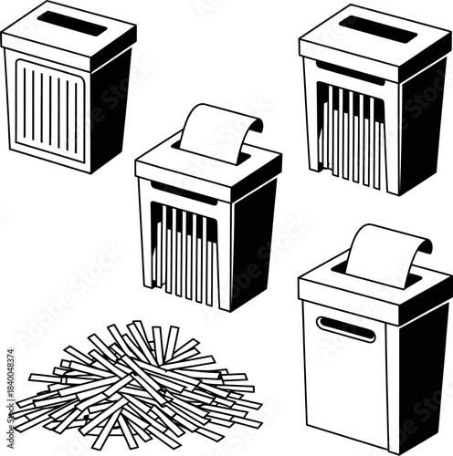 Collection of document shredders and shredded paper, symbolizing data destruction and privacy.