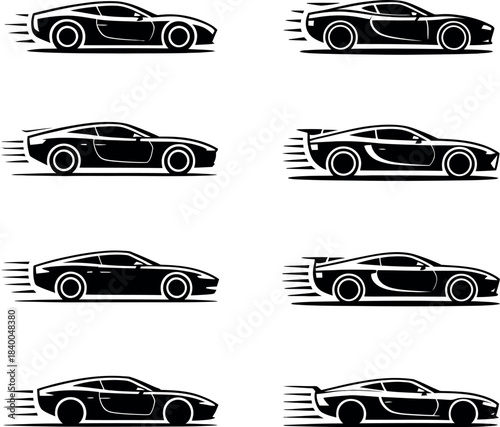 Sleek sports car silhouettes in motion, conveying speed and performance.