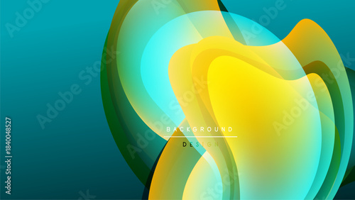 Abstract fluid shapes, vibrant colors blend. Modern design, smooth gradients create dynamic composition. Background features teal, yellow hues.