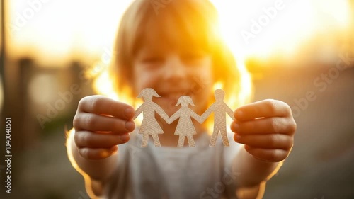 Girl holding paper chain family figures against a sunny sunset: protection and love symbol