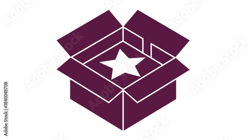 Open plum colored box with white star inside on a white background