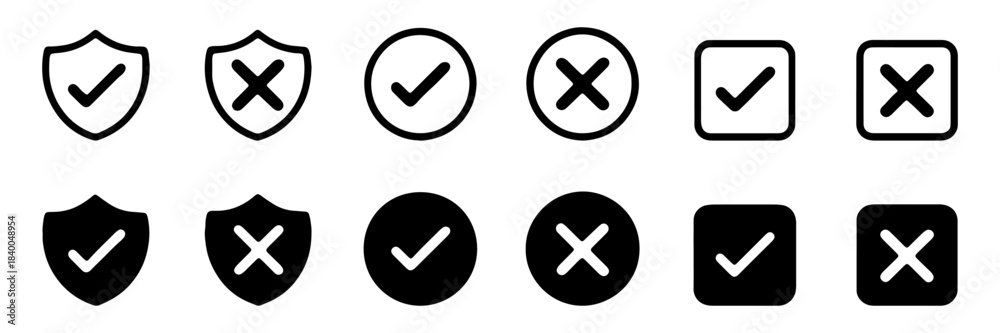 Obraz premium Check mark icon set. Check box icon with right and wrong buttons, yes or no checkmark icons, tick and cross symbol. vector illustration