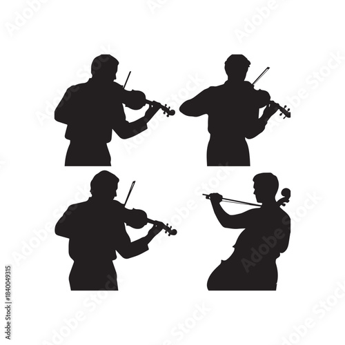 Four elegant silhouettes of musicians playing violin and cello in an orchestra.