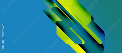 Abstract composition features vibrant layers, flowing shapes, dynamic gradients. Blue, green, yellow hues create modern visual impact.