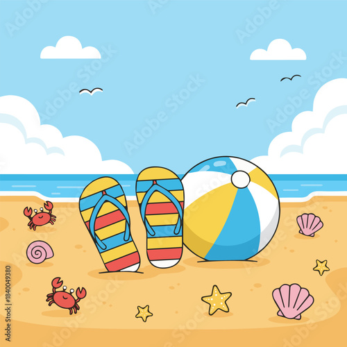 Colorful flip-flops and beach ball on a sunny beach with shells and crabs