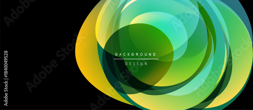Abstract swirling shapes, vibrant greens, yellows create dynamic background design. Modern, smooth gradients suggest movement, energy.