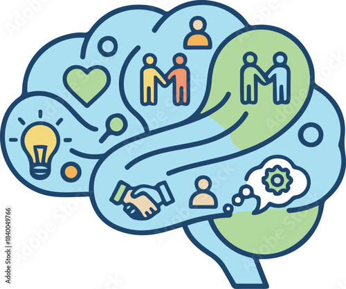 A conceptual vector illustration of a human brain filled with diverse icons representing soft skills, emotional intelligence, creativity, social interaction, teamwork, and logical thinking.