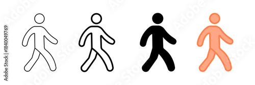 Set of minimalist walking person icons with transparent background, depicting diverse pedestrian symbols for navigation systems, user interfaces, and wayfinding signs, vector illustration