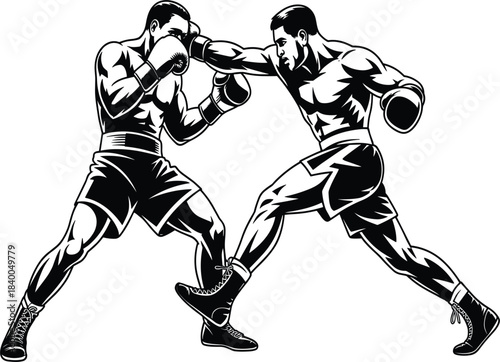 Two boxers actively fighting and exchanging punches, black and white vintage engraving style combat sport action vector illustration