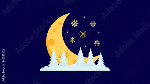 Winter Night's Embrace: An enchanting illustration presents a serene winter night scene with a luminous crescent moon, delicate snowflakes, and frosted evergreen trees.