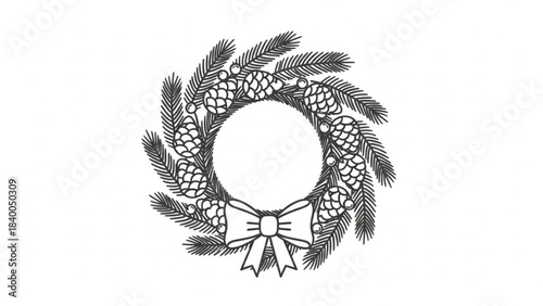 Festive Wreath Illustration: A detailed black and white illustration of a classic wreath, showcasing the beauty of festive design. The wreath is adorned with pine cones, evergreen sprigs.