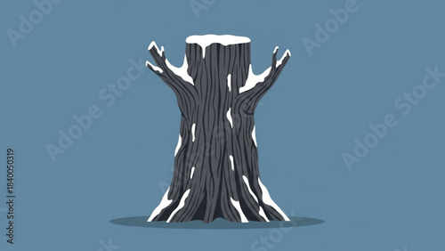 Winter's Embrace: A stylized tree trunk, frosted with pristine snow, stands starkly against a serene blue backdrop, creating a scene of winter tranquility.