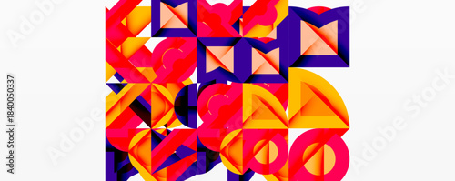 Abstract geometric shapes overlap, creating vibrant colorful pattern. Red, orange, purple dominate composition. Modern design.