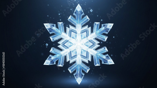 Shining Crystal Snowflake: A close-up view of a beautifully rendered snowflake, radiating light, intricate detail, delicate design, on a mysterious background. 