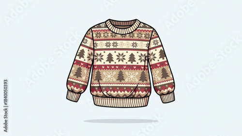 Cozy Holiday Sweater: Featuring a festive, winter-themed sweater adorned with holiday motifs in a light color scheme.