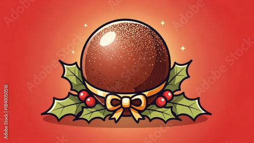 Holiday Treat: Festive illustration of a decadent chocolate sphere adorned with holly leaves and a golden ribbon, evoking the spirit of holiday cheer and sweet indulgence.