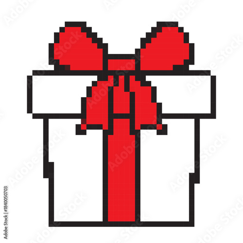 Pixel gift box icon, Christmas vector illustration with red ribbon