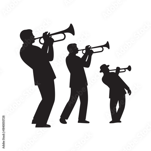  Silhouettes of jazz trumpet players performing music gracefully.