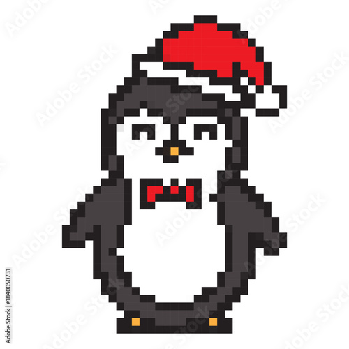 Penguin in Santa hat pixel art icon. Minimal cute Christmas character for winter holiday cards, web, apps, stickers and festive branding. 8 bit vector illustration