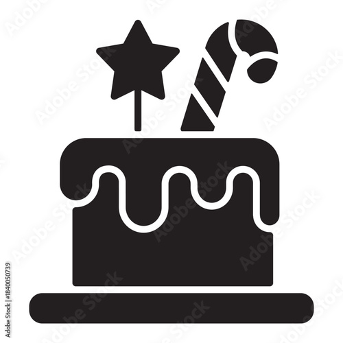 Christmas cake solid icon with candy cane and star