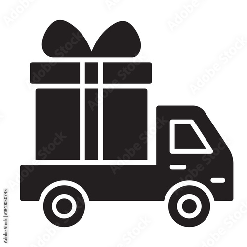 Gift delivery truck solid icon with simple shape and minimal details. Festive glyph vector illustration perfect for Christmas, holiday delivery themes and seasonal design projects.