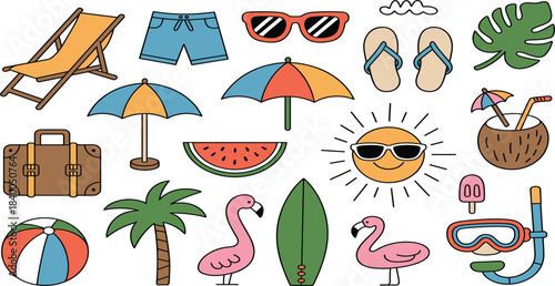 Set of colorful hand-drawn summer beach doodles: flamingo, surfboard, deck chair, sun, and tropical vacation elements vector collection