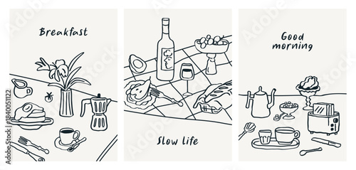 Doodle breakfast card designs set. Hand-drawn poster backgrounds, Dolce Vita sketches with coffee, morning food, drink, flower on table, lettering in scribble style. Handdrawn vector illustrations