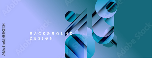 Abstract geometric shapes overlap, creating dynamic visual effect. Gradient background transitions from purple to teal hues. Modern design element.