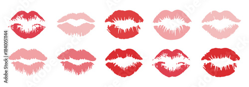 Abstract set of colorful lipstick prints and kiss marks in various red and pink shades