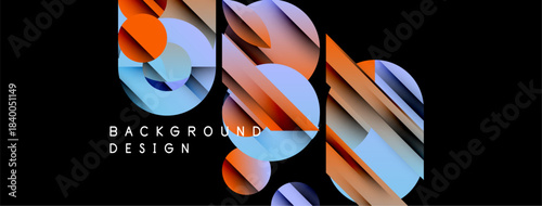 Abstract geometric shapes overlap, creating dynamic colorful design. Background features orange, blue, white gradients. Modern aesthetic.