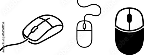 Versatile Computer Mouse Icons Collection: Modern Black Line Art, Outline Stroke, and Solid Glyph Designs for UI/UX, Technology, and Digital Input Device Symbols.