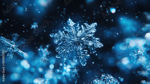  Glowing fractal snowflake illuminating a vast digital landscape, representing winter holiday cheer, future technology, and mystical elegance with sparkling bokeh lights