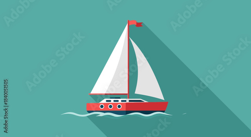 A sleek red sailboat with white sails glides gracefully across the turquoise water, casting a long shadow under a clear sky