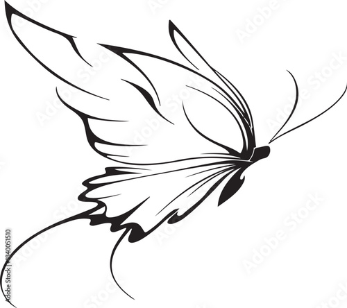Elegant black and white illustration of a butterfly in flight
