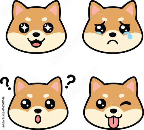 Four cute cartoon Shiba Inu dog faces showing various emotions like happy, sad, confused, and playful.